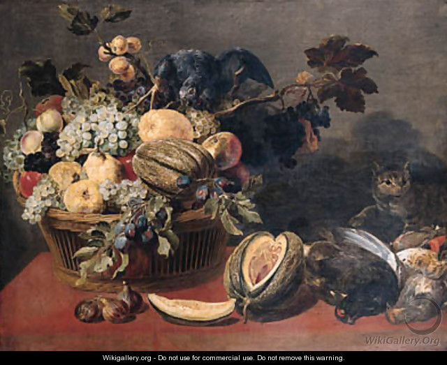 A parrot perched on a basket of fruit - (after) Frans Snyders