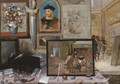 The interior of an artist's studio, with the artist showing his work in the background - (after) Frans II Francken