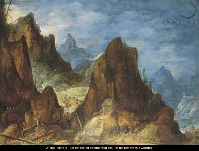 An extensive mountainous landscape with travellers near a hut - (after) Joos De Momper