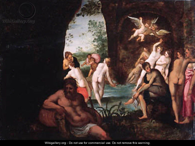 Actaeon surprising Diana and her nymphs in a grotto, a river god in the foreground - (after) Johann Rottenhammer