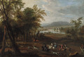 A stag hunt in a wooded landscape, with a mansion beside a river beyond - (after) Jan Wyck