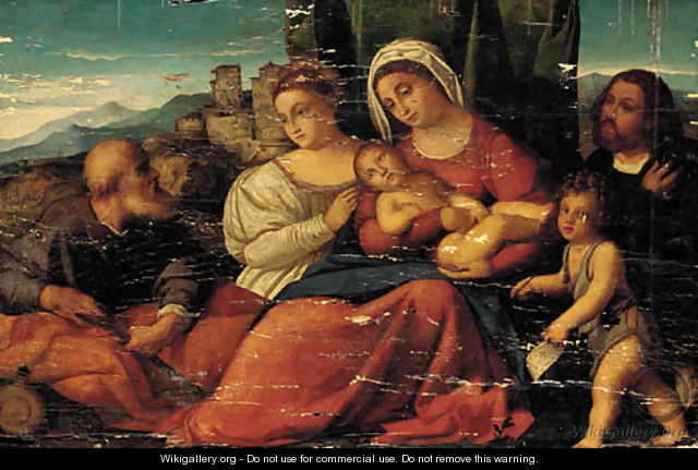 The Holy Family with the Infant Saint John the Baptist, a female Saint and a male donor in a landscape - (after) Jacopo D