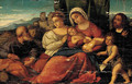 The Holy Family with the Infant Saint John the Baptist, a female Saint and a male donor in a landscape - (after) Jacopo D'Antonio Negretti (see Palma Giovane)