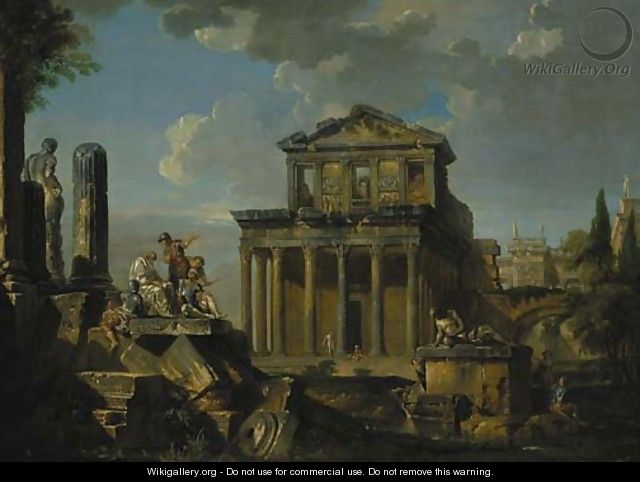 Soldiers listen to a philosopher on a pile of broken columns before the Temple of Antoninus Pius and Anna Galeria Faustina - (after) Giovanni Paolo Panini