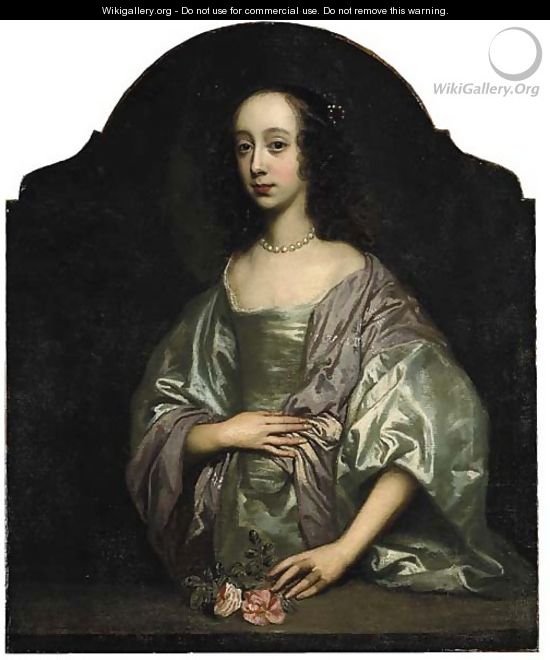 Portrait of a lady, three-quarter-length, in a grey dress and mauve wrap - Sir Peter Lely