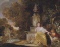A lady, seated by a fountain, with a dog and a child, in a landscape - Sir Peter Lely