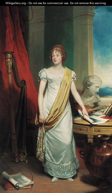 Portrait of a lady, full-length, in a white dress with a yellow silk sash - Sir Martin Archer Shee