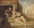 The cobblers Portrait of a man, small full-length, reclining reading a newspaper by a cobblers - Sir William Allan