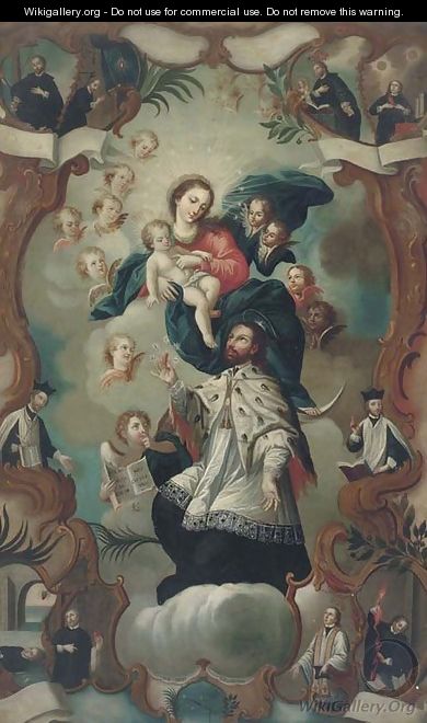 The Virgin and Child enthroned surrounded by saints - Spanish Colonial School