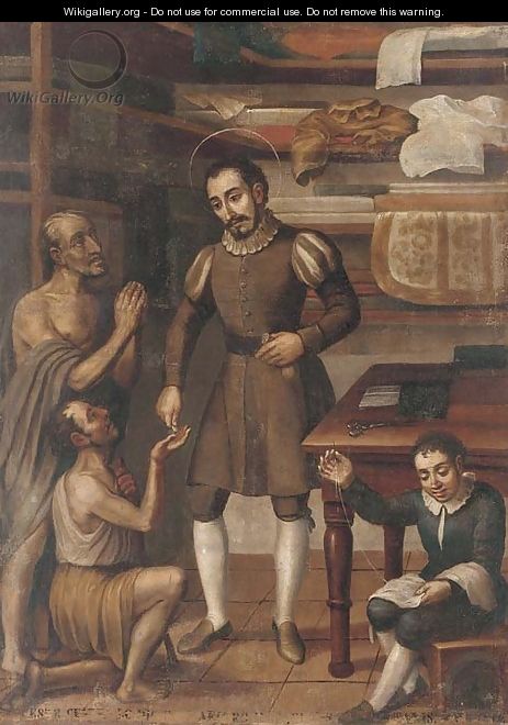 A tailor giving alms - Spanish Colonial School