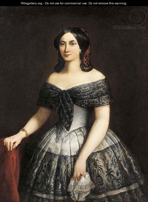 Portrait of a lady, half-length, wearing a silk and lace trimmed dress - Spanish School