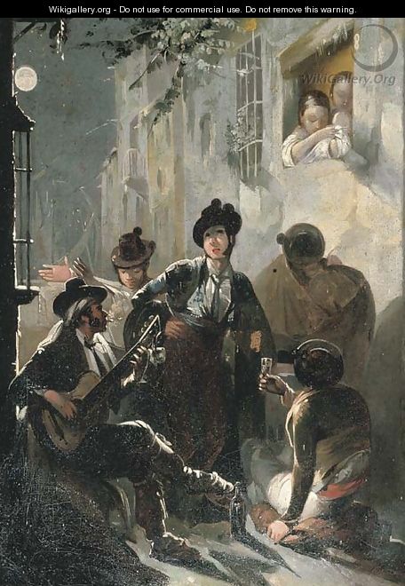 Musicians playing a serenade in an alley - Spanish School