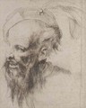 Head of a bearded man in profile to the left, wearing a plumed hat - Spanish School