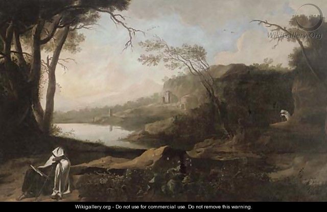 An extensive Italianate river landscape with a hermit seated by a tree reading - Spanish School