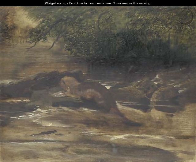 A river scene, with an otter eating a fish, a sketch - Sir Edwin Henry Landseer