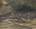 A river scene, with an otter eating a fish, a sketch - Sir Edwin Henry Landseer