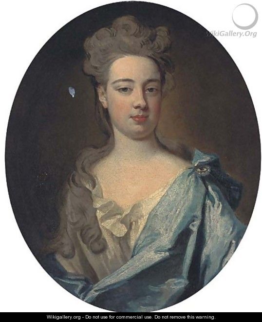 Portrait of a lady, bust-length, in a grey dress and blue mantle - Sir Godfrey Kneller