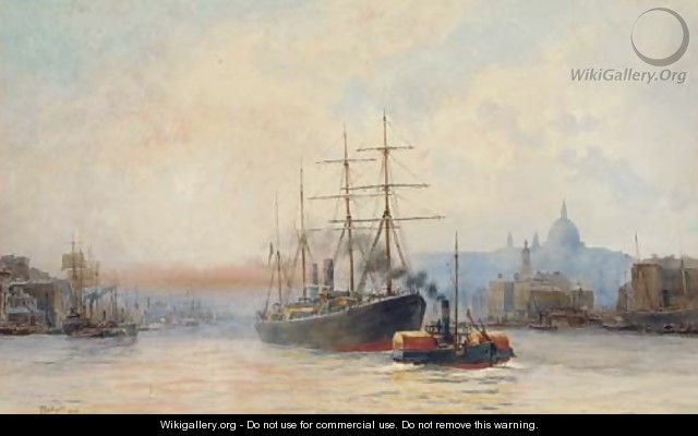 Towing down river in the Pool of London - Hubert James Medlycott