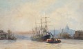 Towing down river in the Pool of London - Hubert James Medlycott
