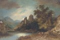 Travellers on a track, a ruined castle beyond - Sebastian Pether