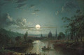 A moonlit river landscape with figures in a boat, a city beyond - Sebastian Pether