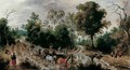A wooded landscape with travellers in a horse-drawn cart, peasants and cattle on a country road - Sebastien Vrancx