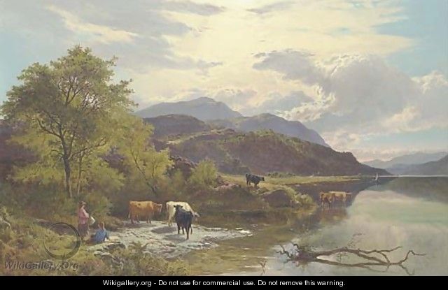 Mountain landscape with figures and cattle by a lake - Sidney Richard Percy