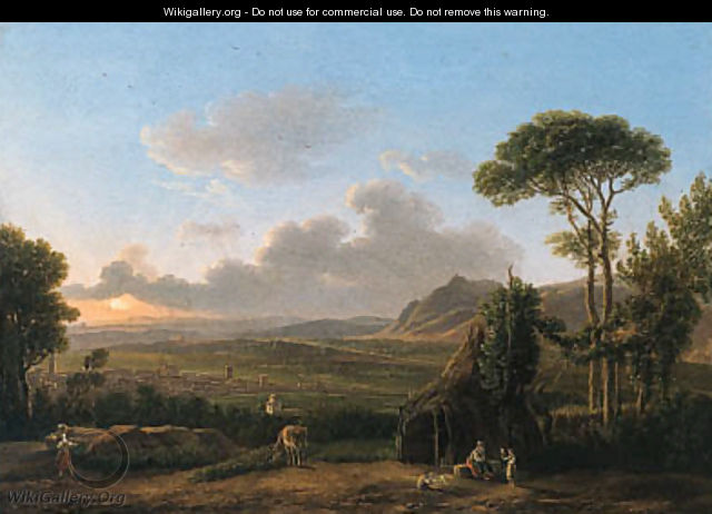 An Italianate Landscape with a family before a hut, a town beyond - Simon-Joseph-Alexandre-Clement Denis