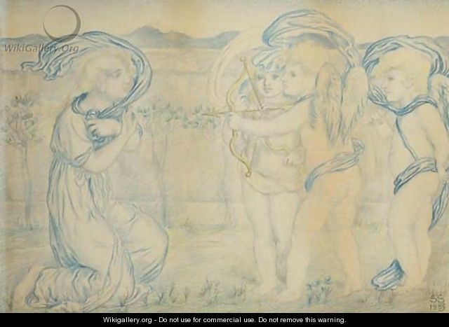 Cupid and amorini targeting a kneeling woman - Simeon Solomon