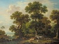 A wooded landscape with a shepherd watching over cattle, sheep, and a horse by a river - Simon Mathurin Lantara