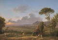 An extensive Italianate landscape at sunset, with a peasant family by a hut - Simon-Joseph-Alexandre-Clement Denis