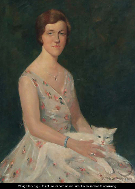 Portrait of Mies in a summer dress with a cat on her lap - Willem Maris