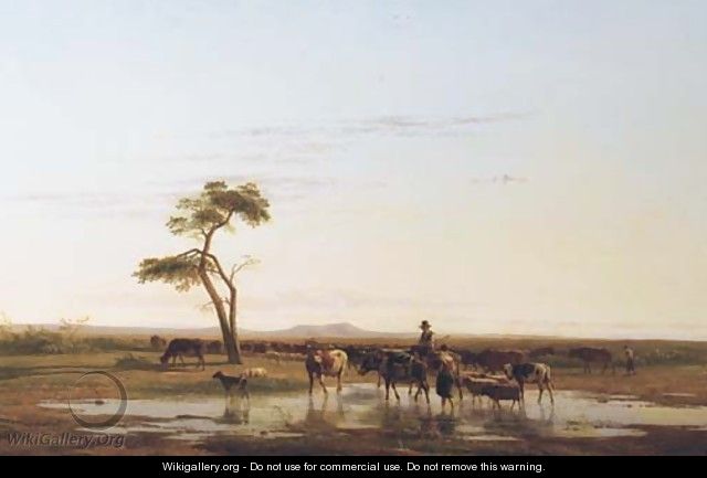 Watering the cattle in a vast landscape - Simon Van Den Berg