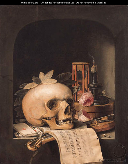 A vanitas still life with a wreathed skull - Simon Renard De Saint-Andre