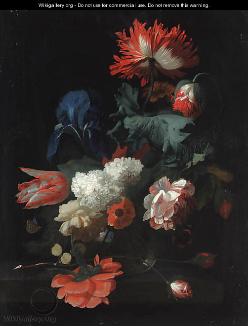 Tulips, poppies, lilac, an iris and other flowers in a vase, with two butterflies, on a stone ledge - Simon Pietersz. Verelst