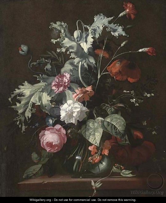 Roses, morning glory and other flowers in a glass vase on a wooded ledge - Simon Pietersz. Verelst