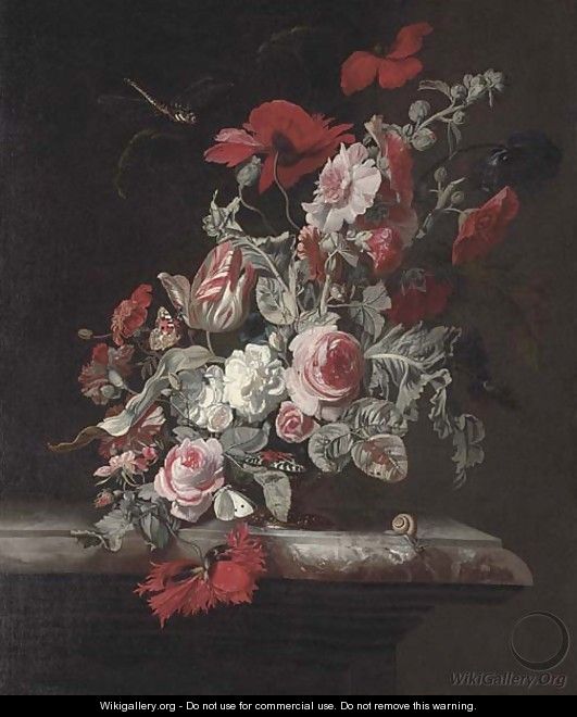 Roses, a parrot tulip, poppies, carnations and other flowers in an urn with a dragonfly - Simon Pietersz. Verelst