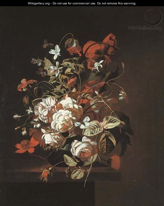 Jasmine, roses, poppies and other flowers and a butterfly in a glass vase on a ledge - Simon Pietersz. Verelst