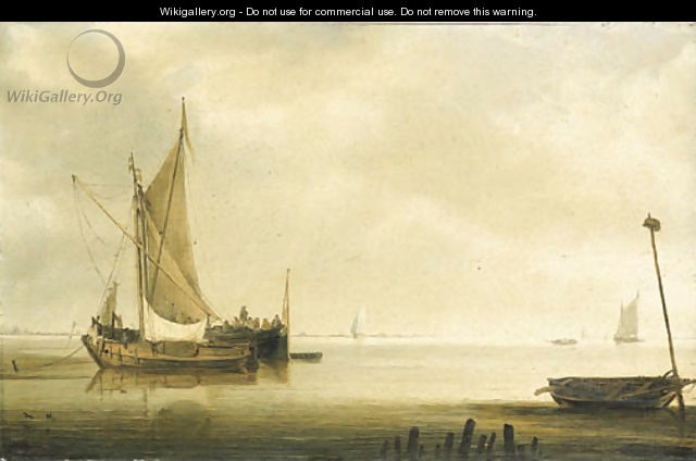 A smalschip and a waterschip anchored in an estuary in a calm, a wherry by a breakwater in the foreground - Simon De Vlieger