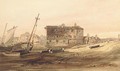 Shipping Vessels beached by an old wharf with a town beyond - Samuel Prout