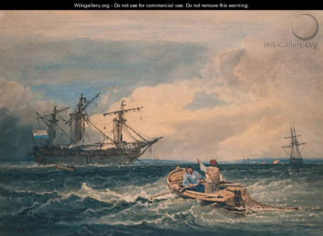 Figures In A Fishing Boat Approaching An Anchored Man-O-War - Samuel Prout