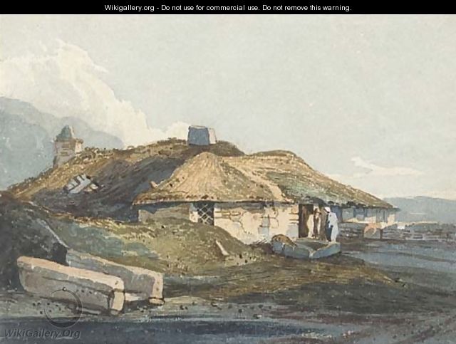 Figures before a thatched cottage, Devon - Samuel Prout