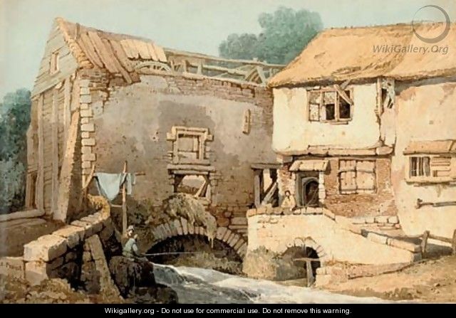 Anglers fishing before a derelict watermill - Samuel Prout
