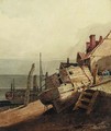 A beached fishing vessel, with fishermen beyond - Samuel Prout