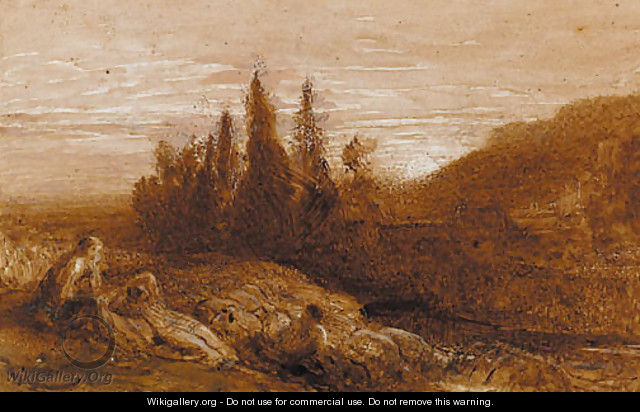 Figures resting on a bank above a river at sunset - Samuel Palmer