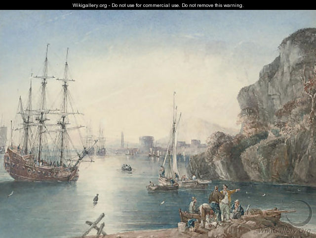 Warships anchored off the Italian port of Leghorn, with fishermen unloading their catch in the foreground - Samuel Owen