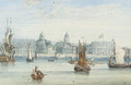 A frigate, an excursion steamer and barges on the Thames before Greenwich Hospital - Samuel Owen
