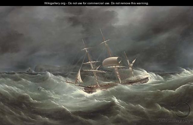 The barque Vere in heavy seas in a night gale off the South Stack lighthouse, Anglesey - Samuel Walters