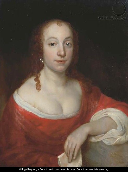 Portrait of lady, half-length, in a red and white dress, a dark red wrap and pearl earrings, a letter in her left hand, leaning on a stone ledge - Samuel Van Hoogstraten