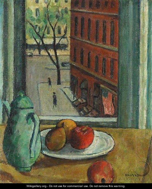 Still Life with Fruit with View of Street from Window - Samuel Halpert